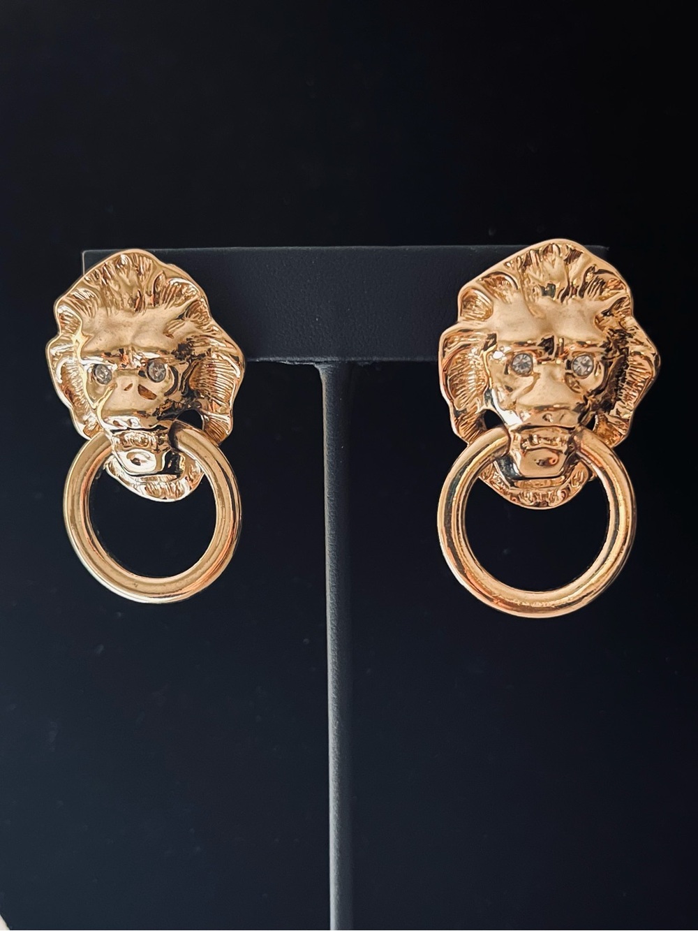 #82 Vintage KJL for Avon Designer Runway Gold-tone Lion Head Earrings
